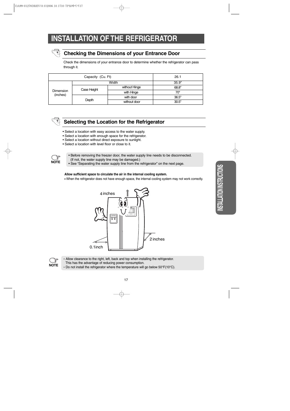 Installation of the refrigerator, Inst alla tion instr uctions | Samsung RH269LBSH-XAA User Manual | Page 17 / 60