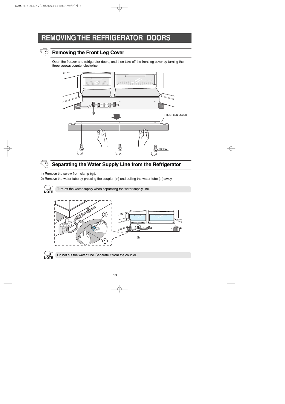 Removing the refrigerator doors, Removing the front leg cover | Samsung RH269LBSH-XAA User Manual | Page 18 / 60