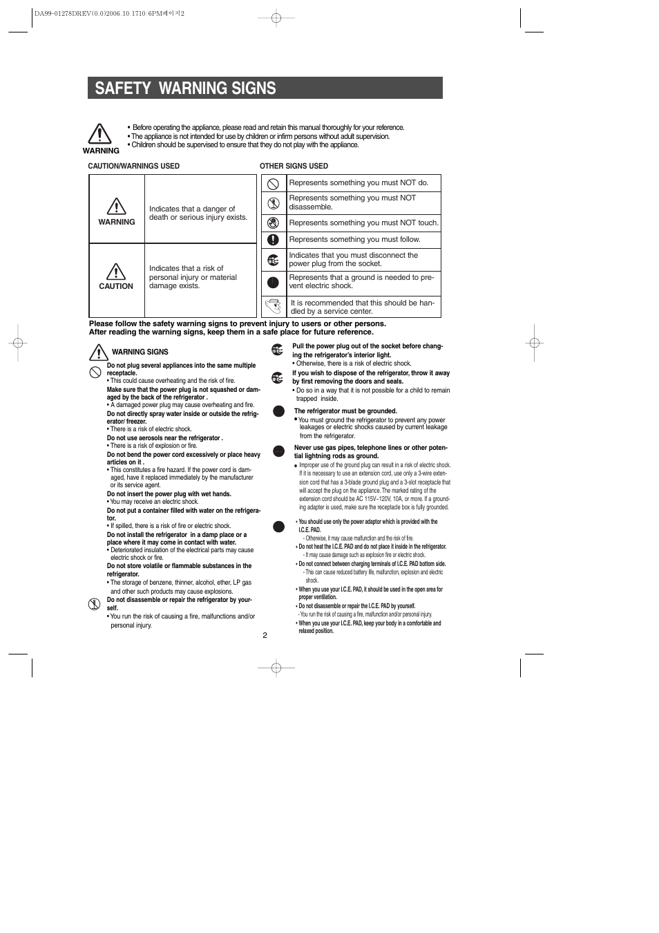 Safety warning signs | Samsung RH269LBSH-XAA User Manual | Page 2 / 60