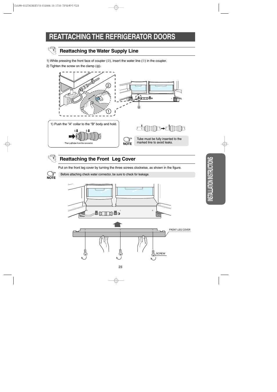 Reattaching the refrigerator doors, Inst alla tion instr uctions | Samsung RH269LBSH-XAA User Manual | Page 23 / 60