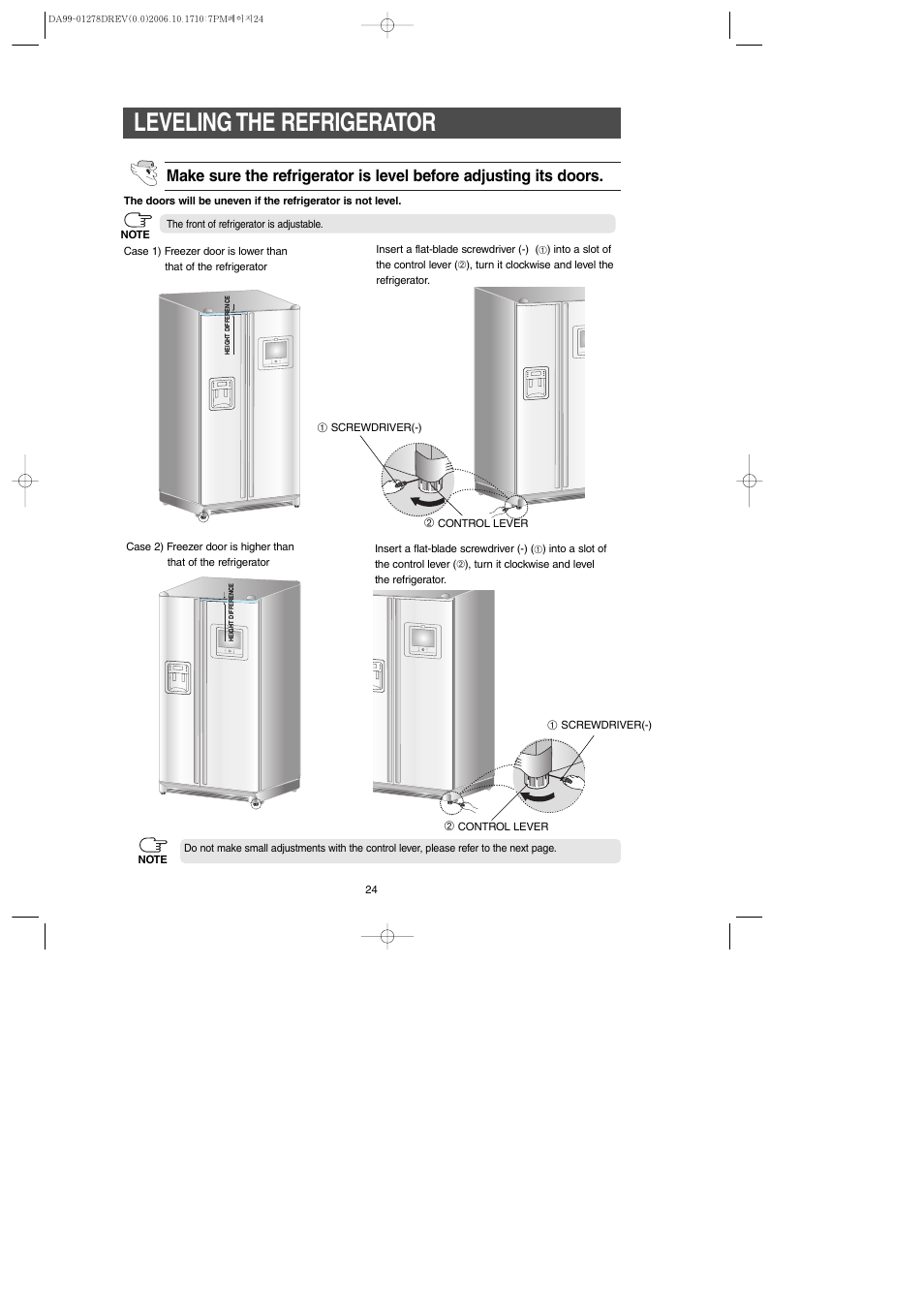 Leveling the refrigerator | Samsung RH269LBSH-XAA User Manual | Page 24 / 60