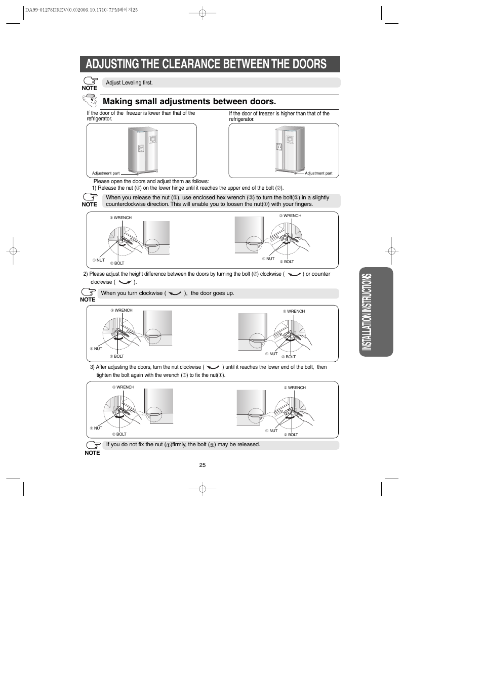 Adjusting the clearance between the doors, Inst alla tion instr uctions, Making small adjustments between doors | Samsung RH269LBSH-XAA User Manual | Page 25 / 60