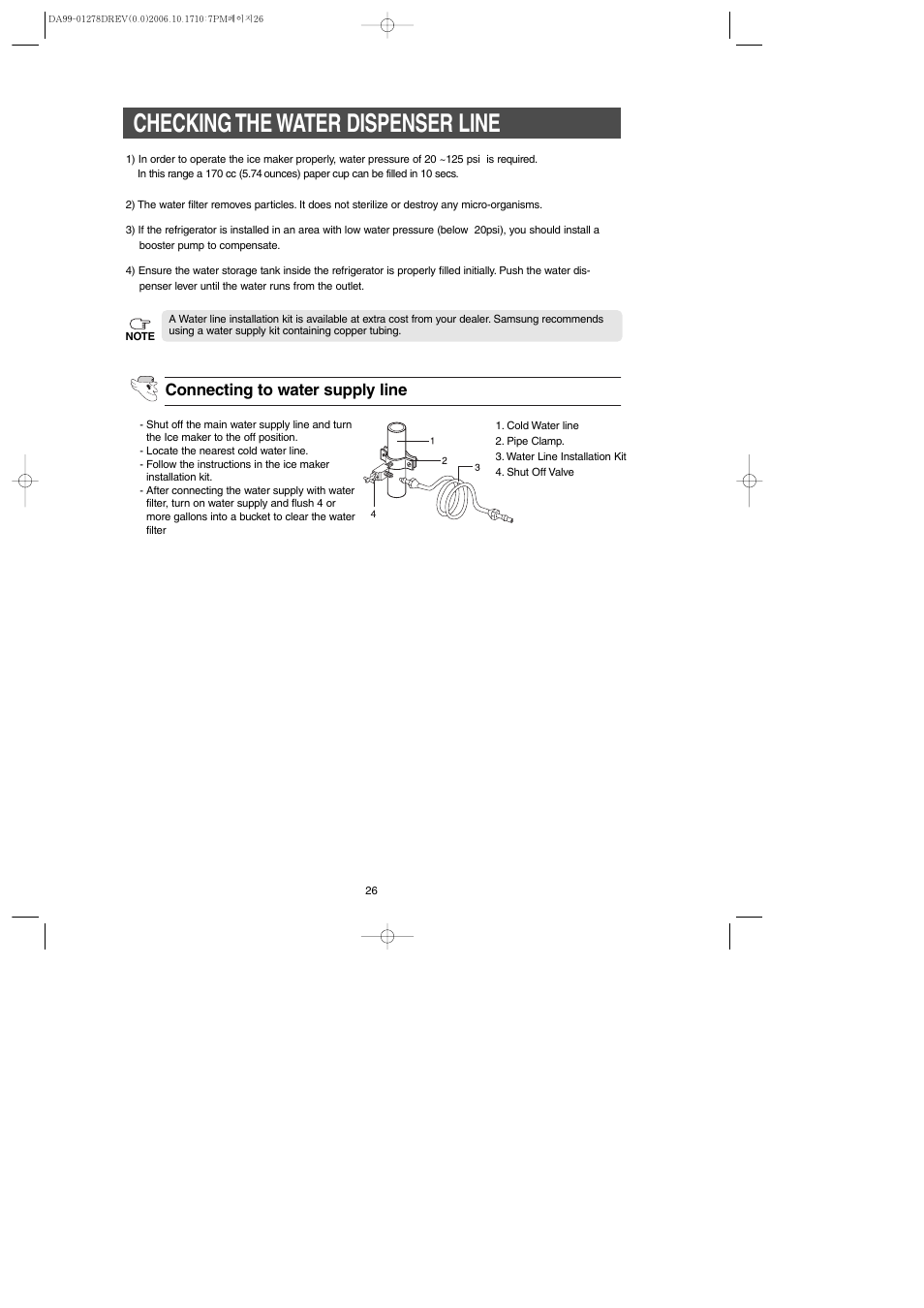 Checking the water dispenser line, Connecting to water supply line | Samsung RH269LBSH-XAA User Manual | Page 26 / 60