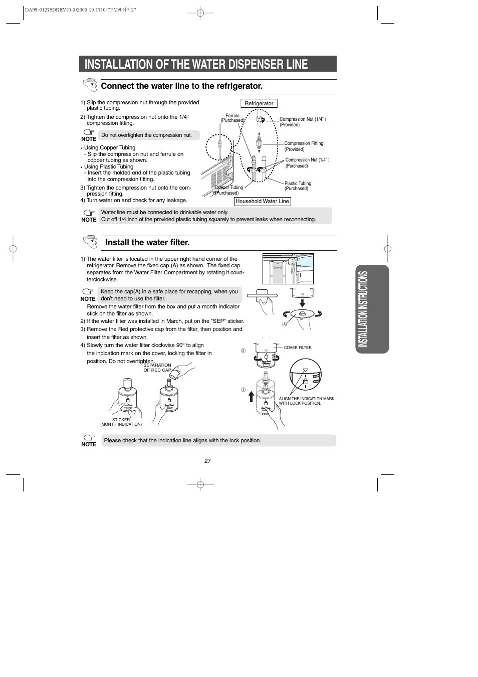 Installation of the water dispenser line, Inst alla tion instr uctions, Install the water filter | Connect the water line to the refrigerator | Samsung RH269LBSH-XAA User Manual | Page 27 / 60