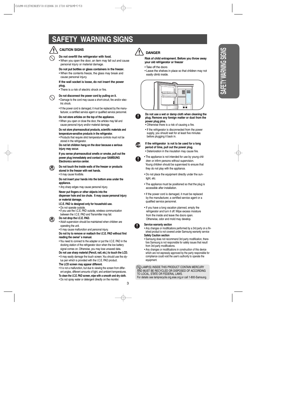 Safety w arning signs safety warning signs | Samsung RH269LBSH-XAA User Manual | Page 3 / 60