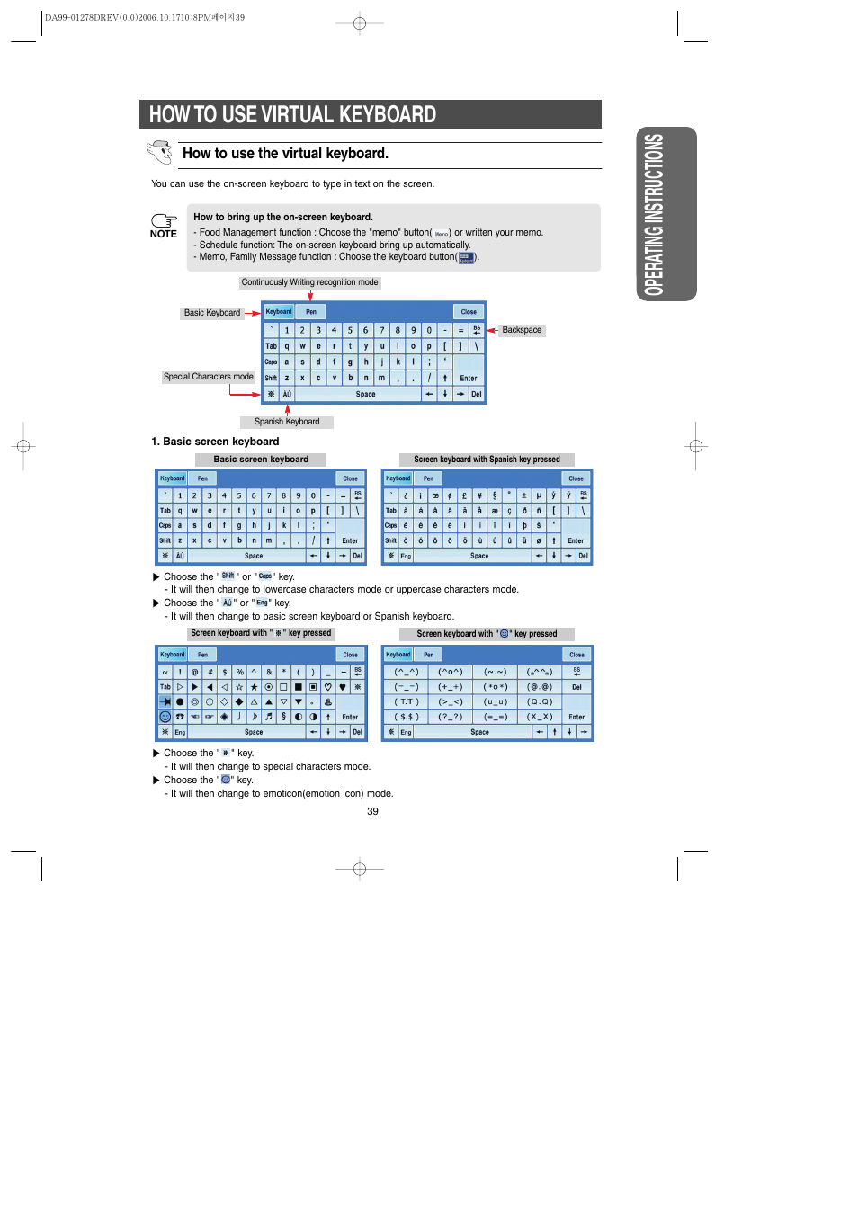 How to use virtual keyboard, Safety w arning signs opera ting instr uctions | Samsung RH269LBSH-XAA User Manual | Page 39 / 60