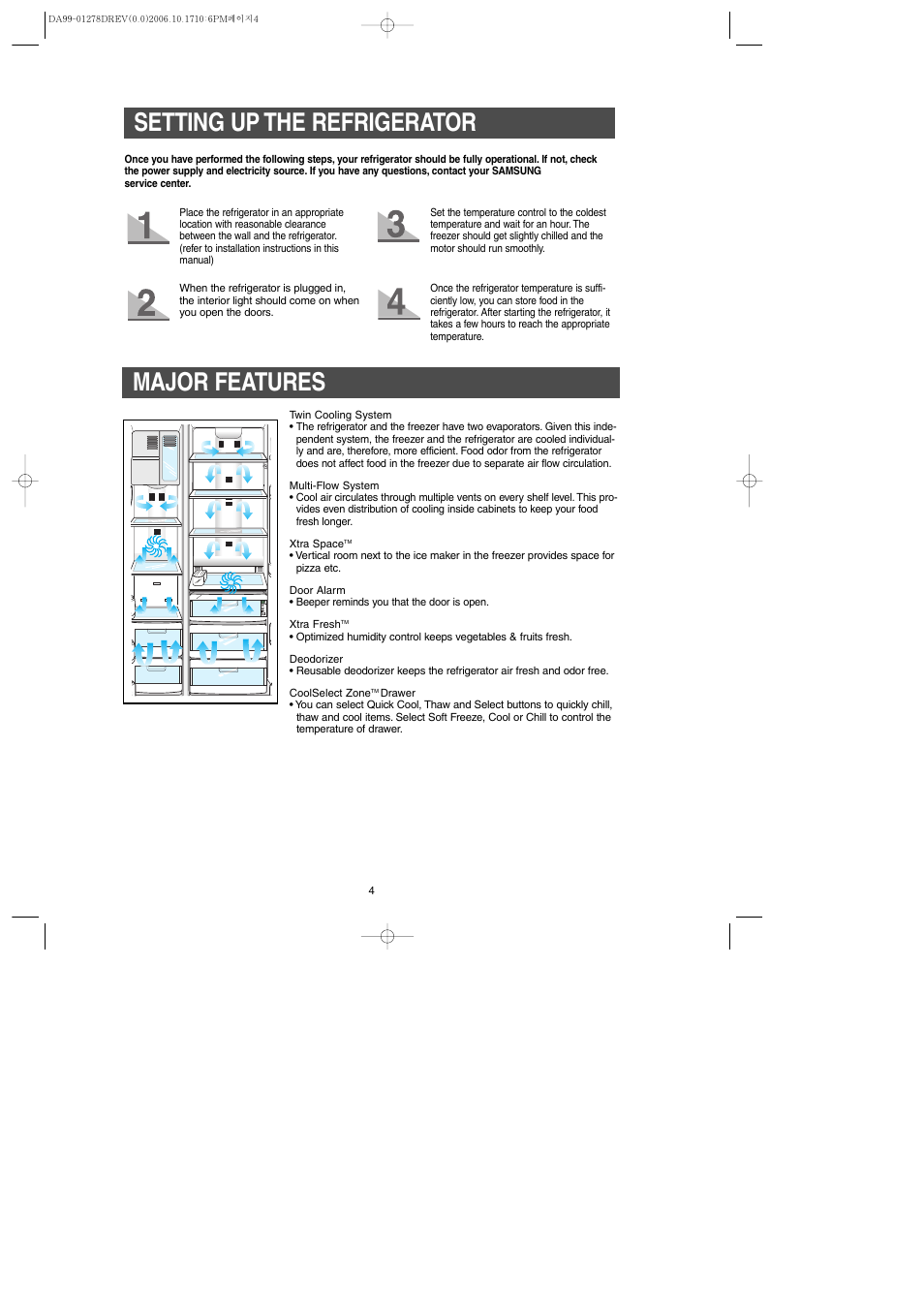 Setting up the refrigerator, Major features | Samsung RH269LBSH-XAA User Manual | Page 4 / 60