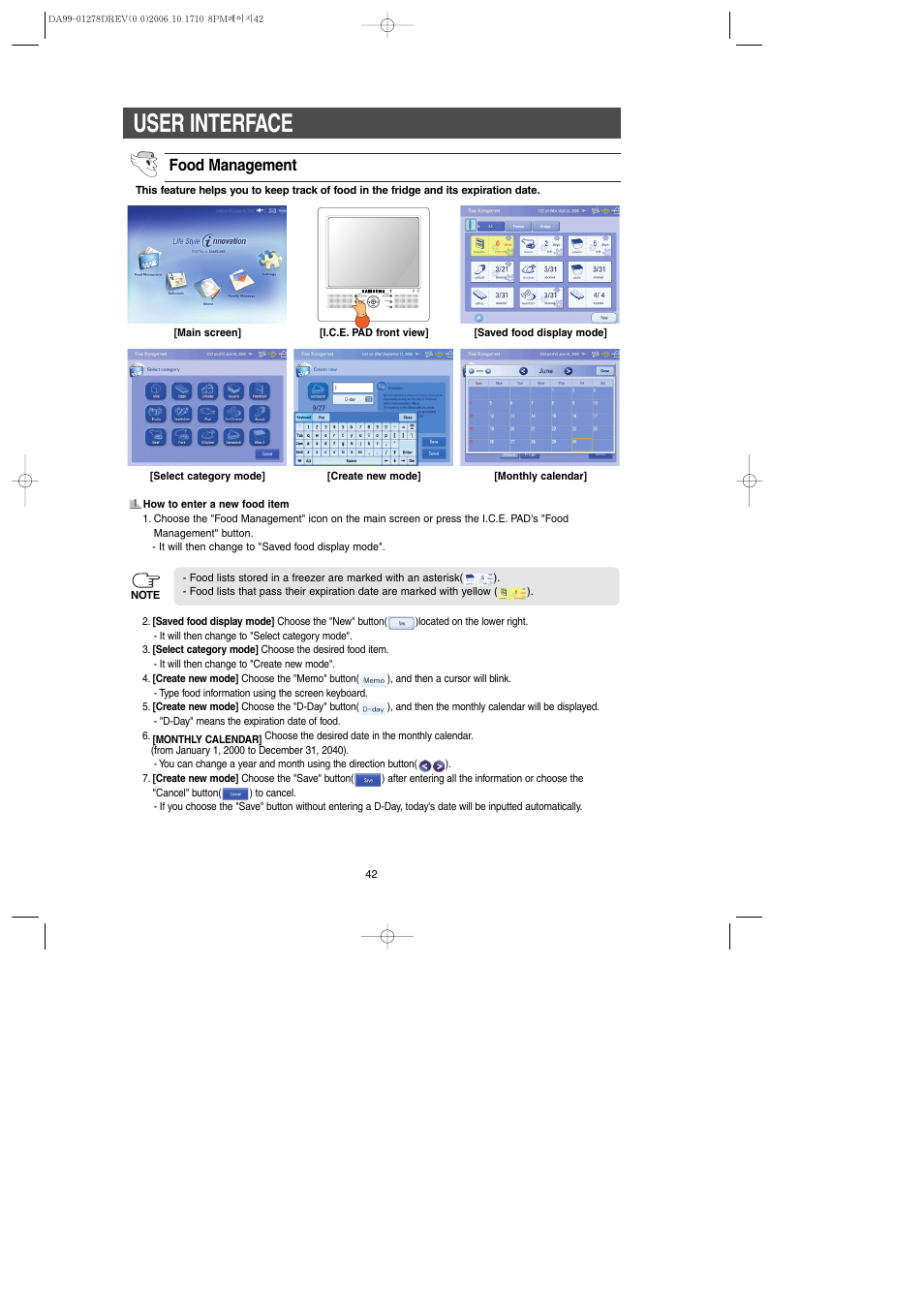 User interface, Food management | Samsung RH269LBSH-XAA User Manual | Page 42 / 60