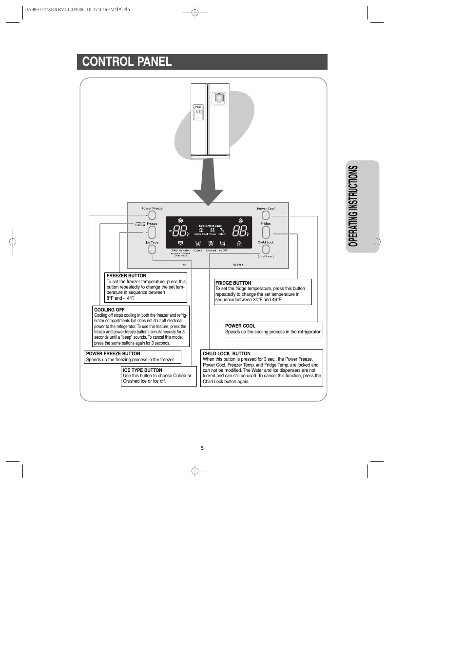 Control panel, Opera ting instr uctions | Samsung RH269LBSH-XAA User Manual | Page 5 / 60