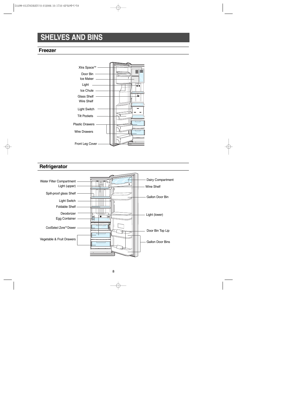 Shelves and bins, Freezer, Refrigerator | Samsung RH269LBSH-XAA User Manual | Page 8 / 60