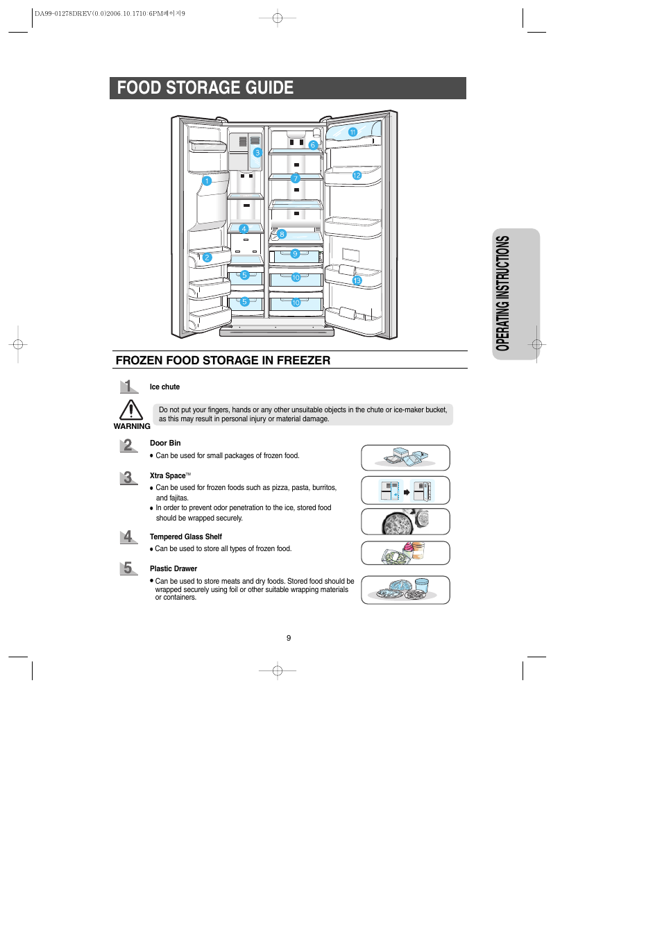 Food storage guide, Opera ting instr uctions | Samsung RH269LBSH-XAA User Manual | Page 9 / 60