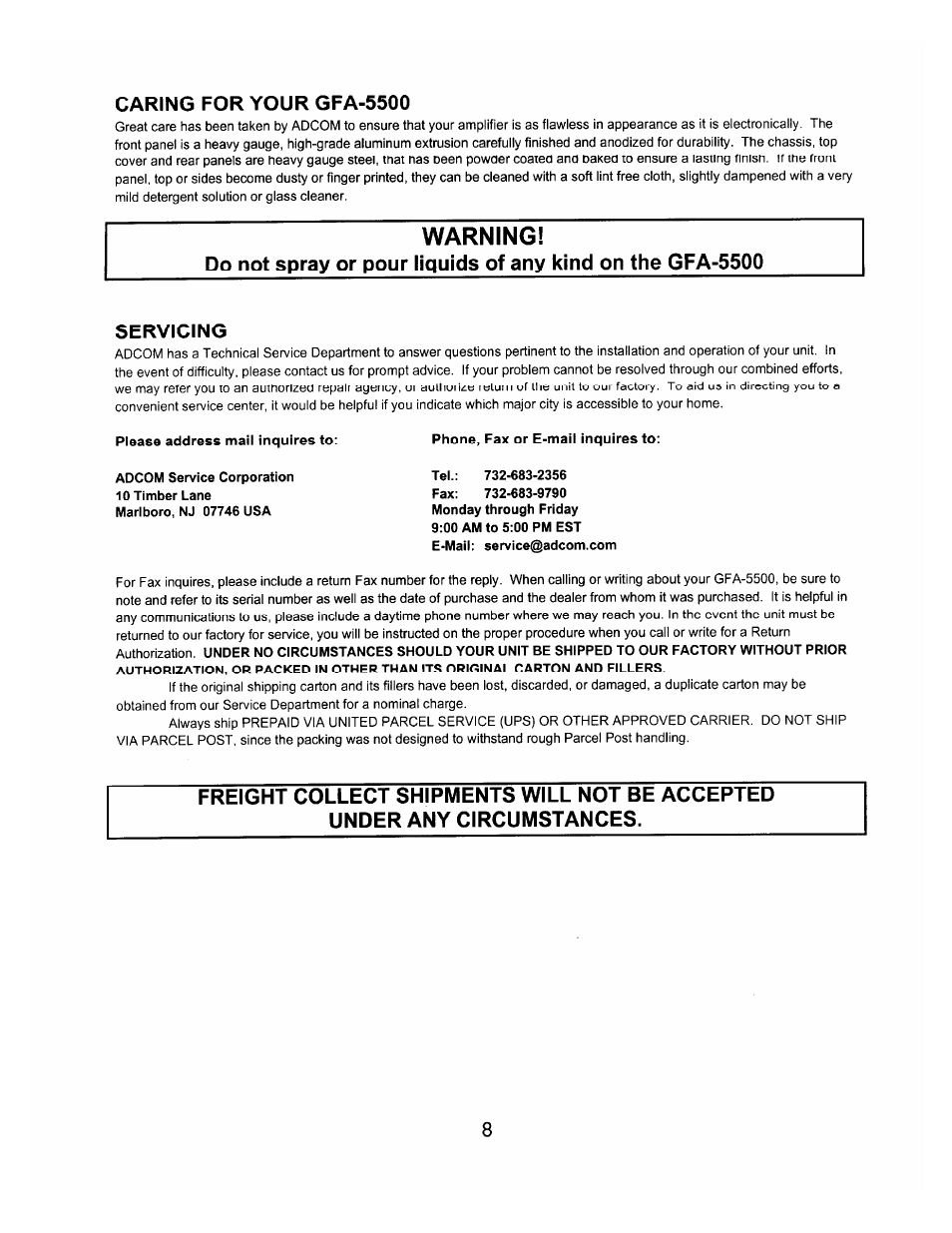 Caring for your gfa-5500, Warning, Servicing | Adcom GFA-5500 User Manual | Page 10 / 12