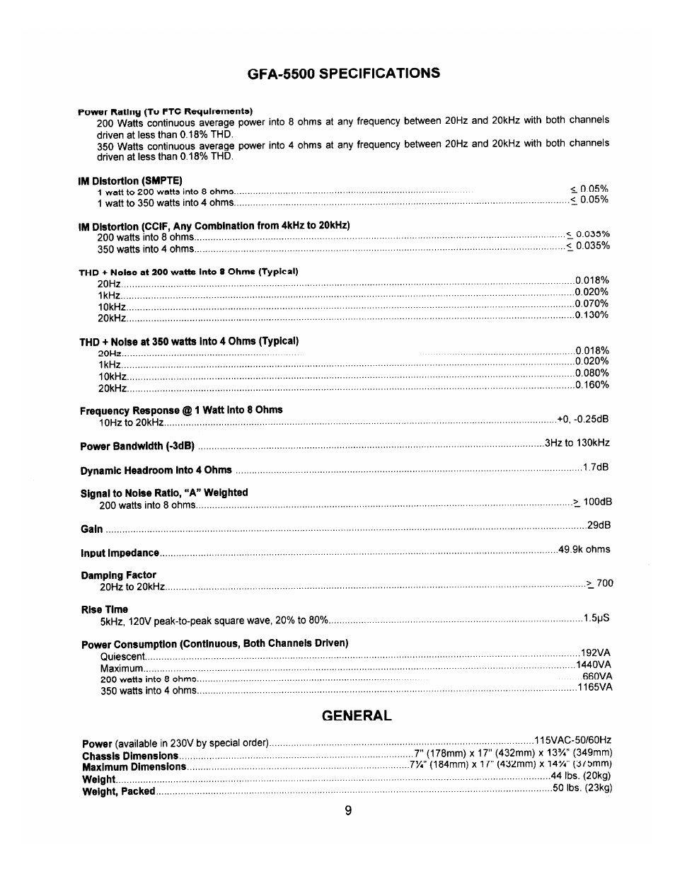 Gfa-5500 specifications, General | Adcom GFA-5500 User Manual | Page 11 / 12