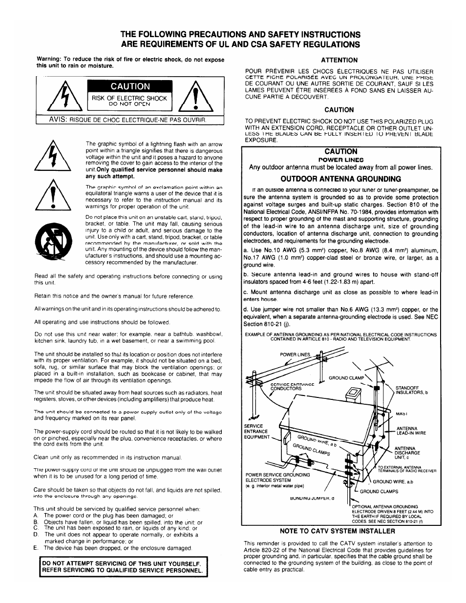 Caution, Outdoor antenna grounding | Adcom GFA-5500 User Manual | Page 2 / 12