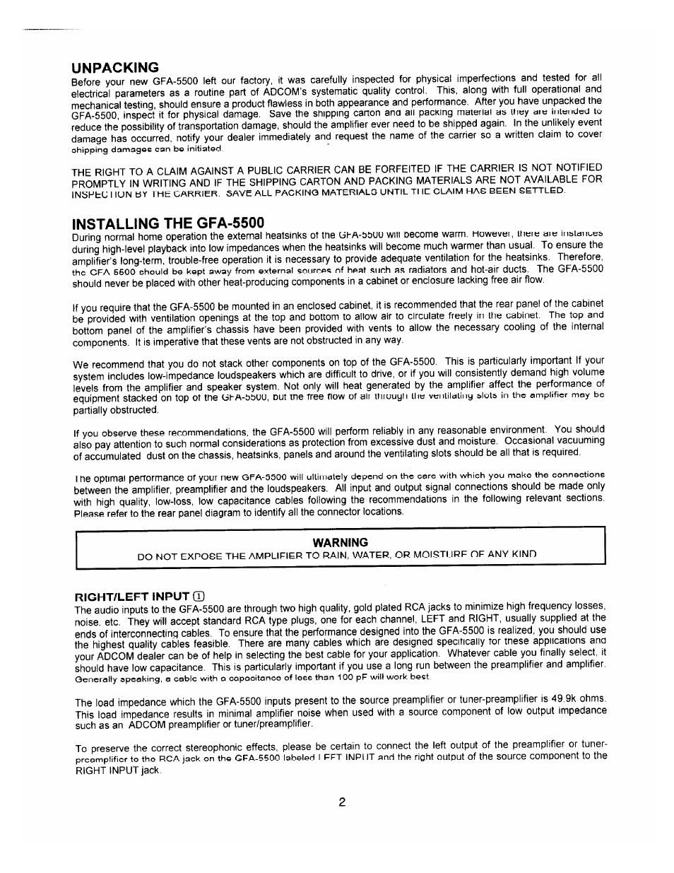 Unpacking, Installing the gfa-5500, Warning | Right/left input cd | Adcom GFA-5500 User Manual | Page 4 / 12