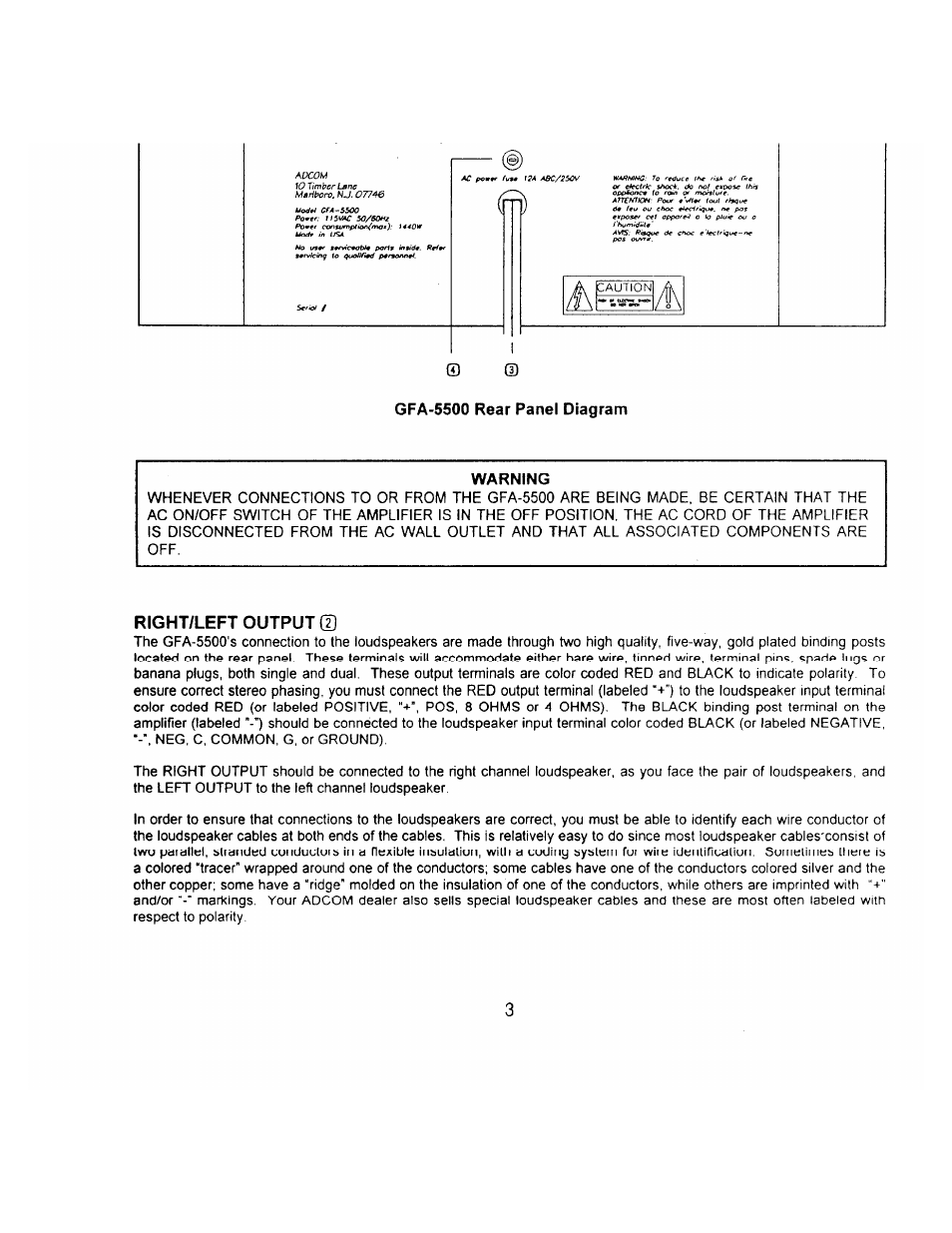 Gfa-5500 rear panel diagram, Warning, Right/left output | Adcom GFA-5500 User Manual | Page 5 / 12