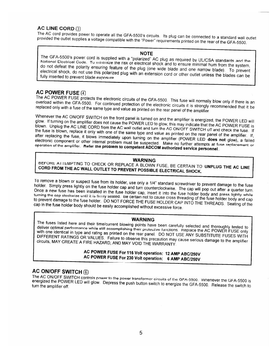 Ac line cord | Adcom GFA-5500 User Manual | Page 7 / 12