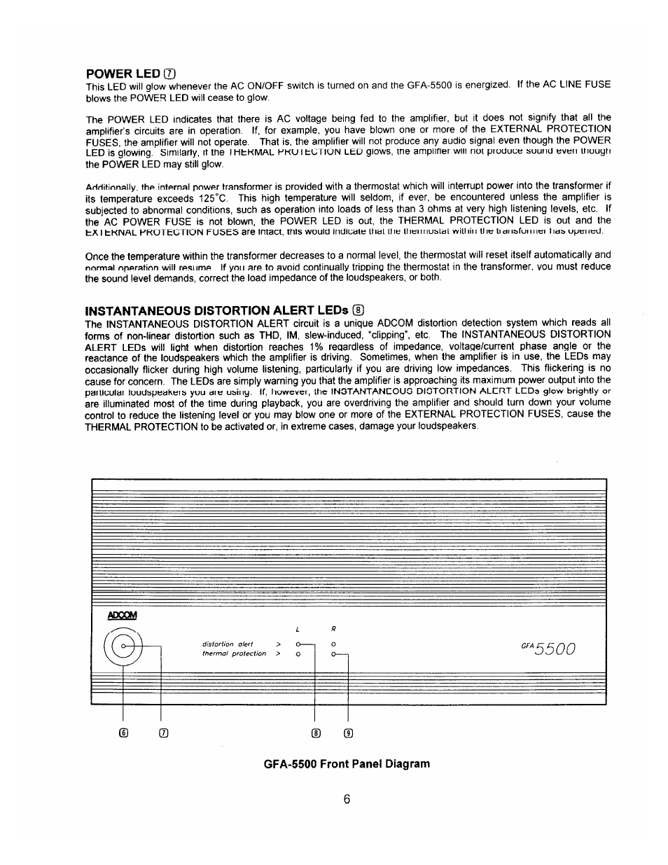 Power led (d, Instantaneous distortion alert leds cu, Gfa-5500 front panel diagram | Adcom GFA-5500 User Manual | Page 8 / 12