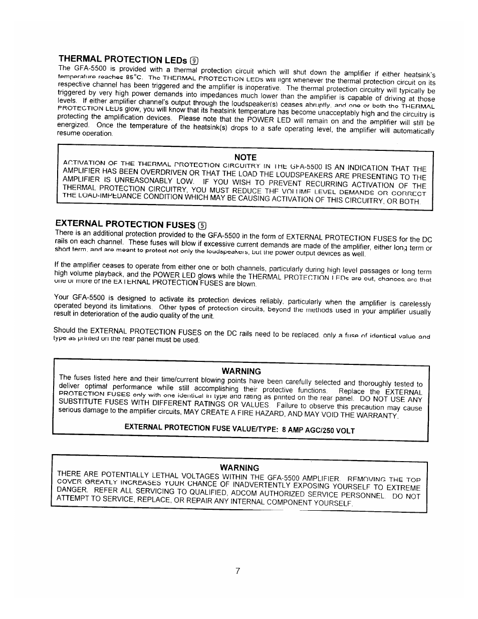 Thermal protection leds, External protection fuses, Warning | Adcom GFA-5500 User Manual | Page 9 / 12