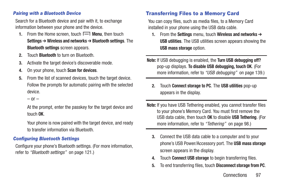 Pairing with a bluetooth device, Configuring bluetooth settings, Transferring files to a memory card | Samsung SCH-R760IBAXAR User Manual | Page 101 / 204