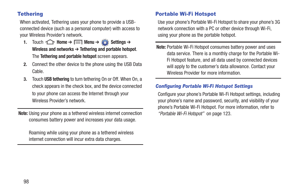 Tethering, Portable wi-fi hotspot, Configuring portable wi-fi hotspot settings | Tethering portable wi-fi hotspot | Samsung SCH-R760IBAXAR User Manual | Page 102 / 204