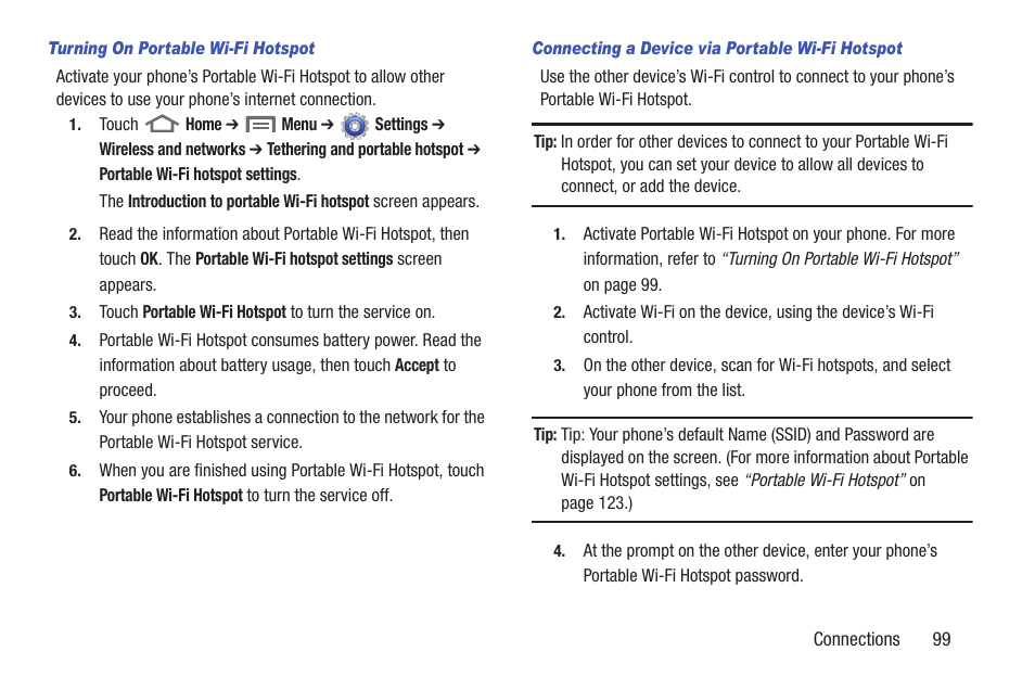 Turning on portable wi-fi hotspot, Connecting a device via portable wi-fi hotspot | Samsung SCH-R760IBAXAR User Manual | Page 103 / 204