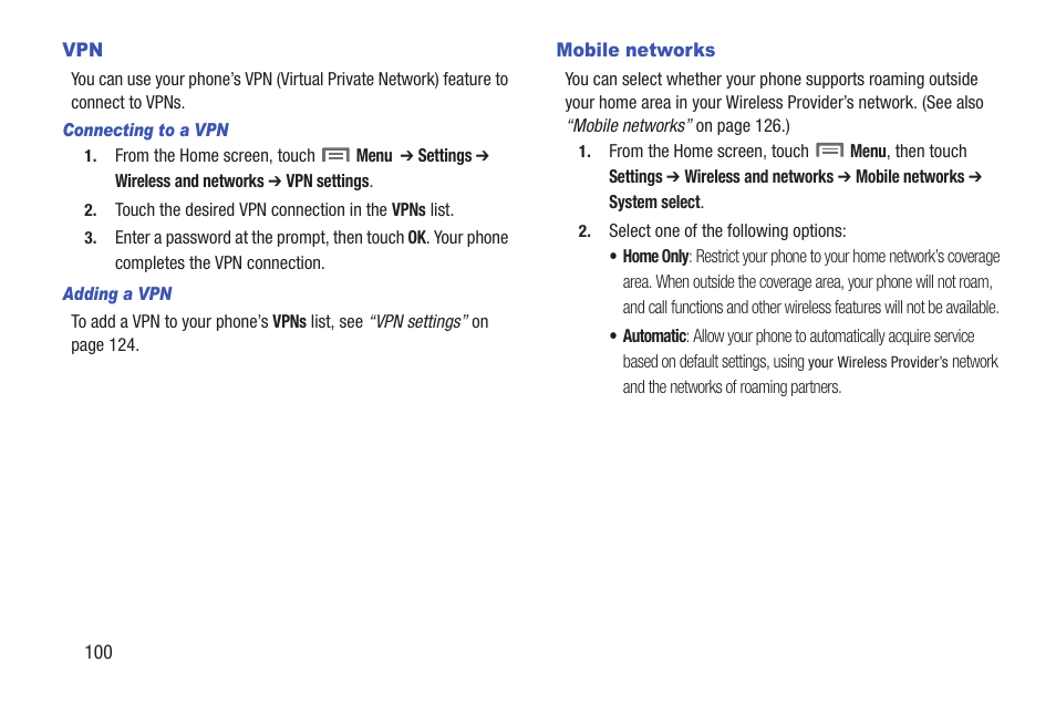 Connecting to a vpn, Adding a vpn, Mobile networks | Vpn mobile networks | Samsung SCH-R760IBAXAR User Manual | Page 104 / 204