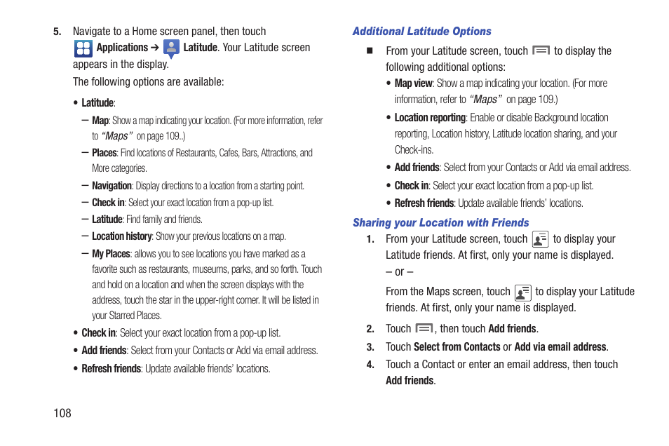 Additional latitude options, Sharing your location with friends | Samsung SCH-R760IBAXAR User Manual | Page 112 / 204