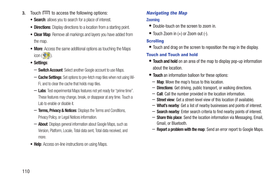 Navigating the map, Zooming, Scrolling | Touch and touch and hold | Samsung SCH-R760IBAXAR User Manual | Page 114 / 204