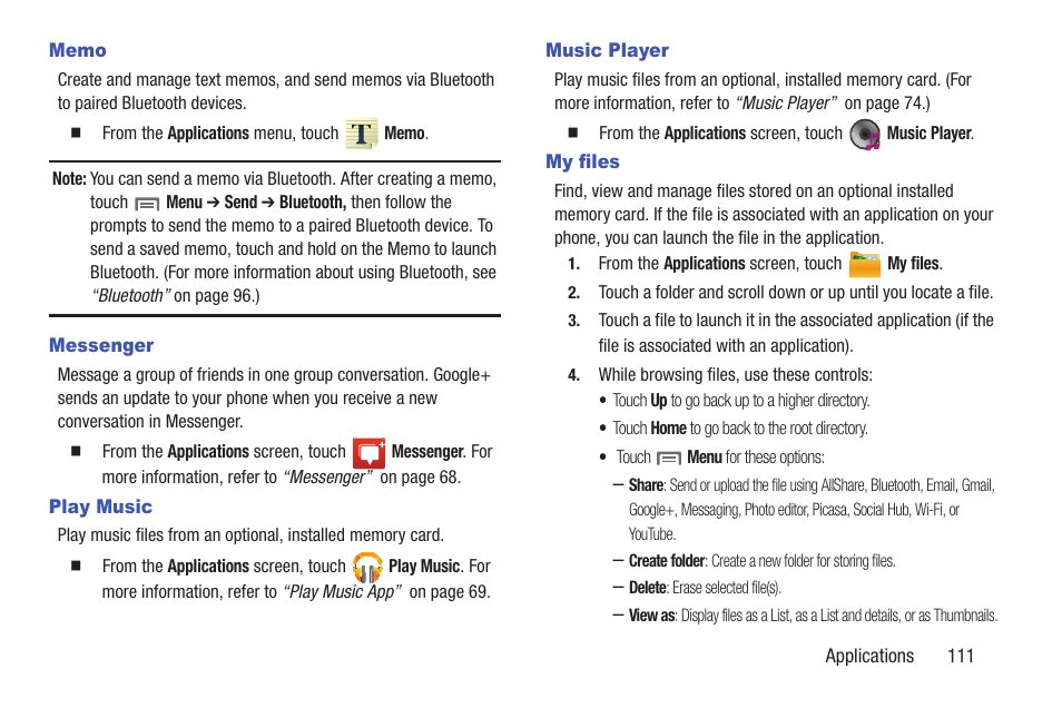 Memo, Messenger, Play music | Music player, My files, Memo messenger play music music player my files | Samsung SCH-R760IBAXAR User Manual | Page 115 / 204