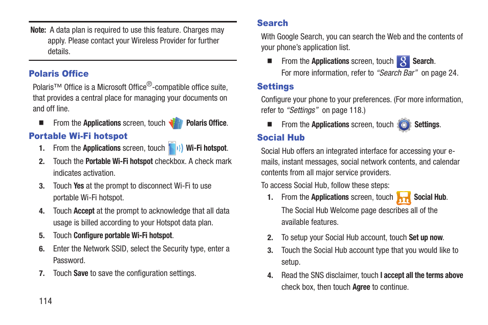 Polaris office, Portable wi-fi hotspot, Search | Settings, Social hub, Portable wi-fi hotspot search settings social hub | Samsung SCH-R760IBAXAR User Manual | Page 118 / 204