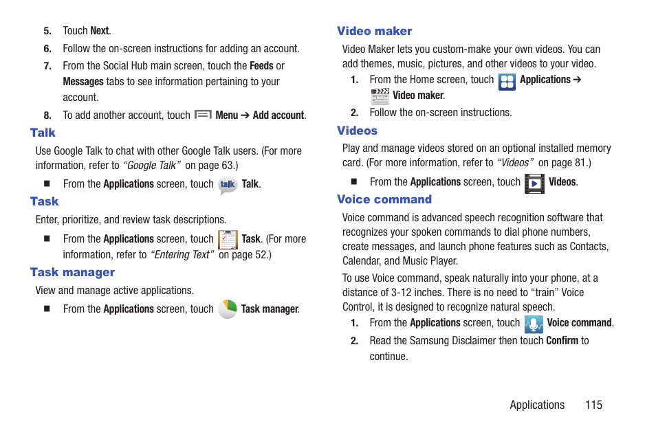 Talk, Task, Task manager | Video maker, Videos, Voice command, Voice command” on | Samsung SCH-R760IBAXAR User Manual | Page 119 / 204