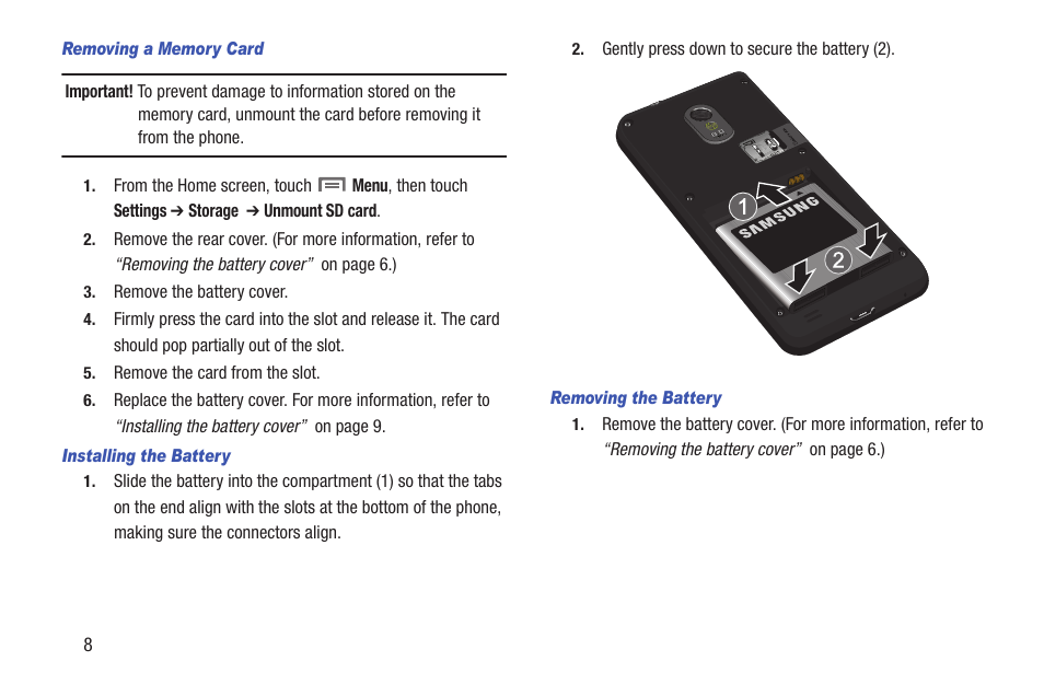 Removing a memory card, Installing the battery, Removing the battery | Samsung SCH-R760IBAXAR User Manual | Page 12 / 204