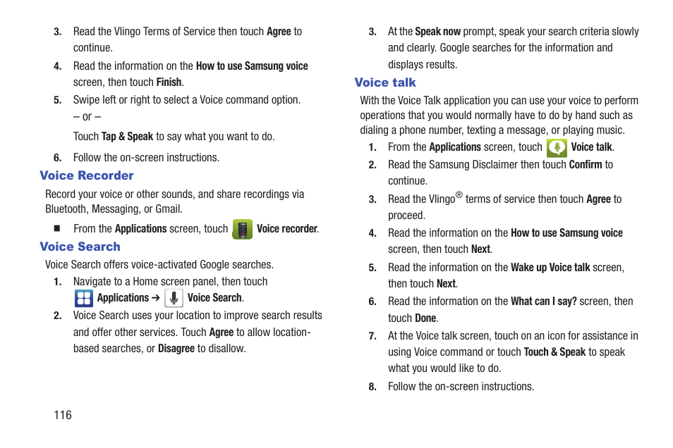 Voice recorder, Voice search, Voice talk | Voice recorder voice search voice talk, For more information, refer to “voice | Samsung SCH-R760IBAXAR User Manual | Page 120 / 204