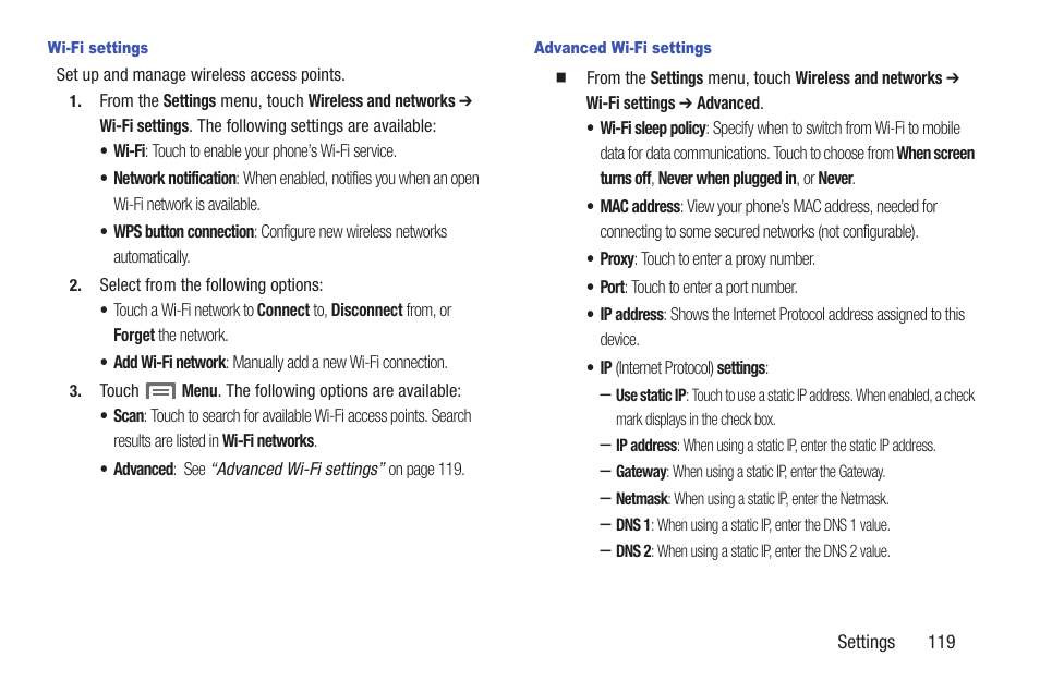 Wi-fi settings, Advanced wi-fi settings | Samsung SCH-R760IBAXAR User Manual | Page 123 / 204