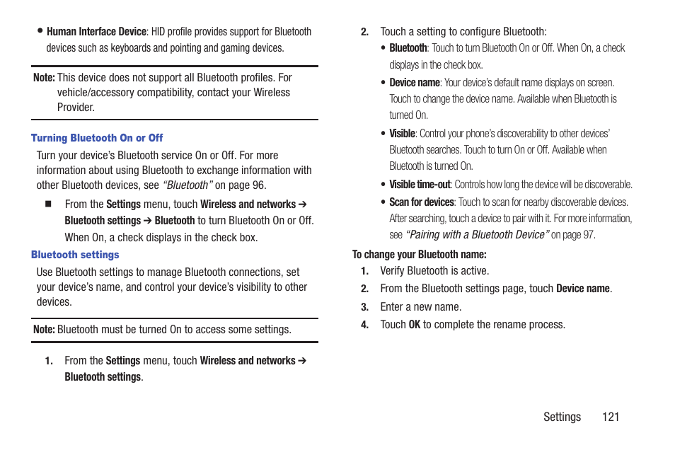 Turning bluetooth on or off, Bluetooth settings | Samsung SCH-R760IBAXAR User Manual | Page 125 / 204