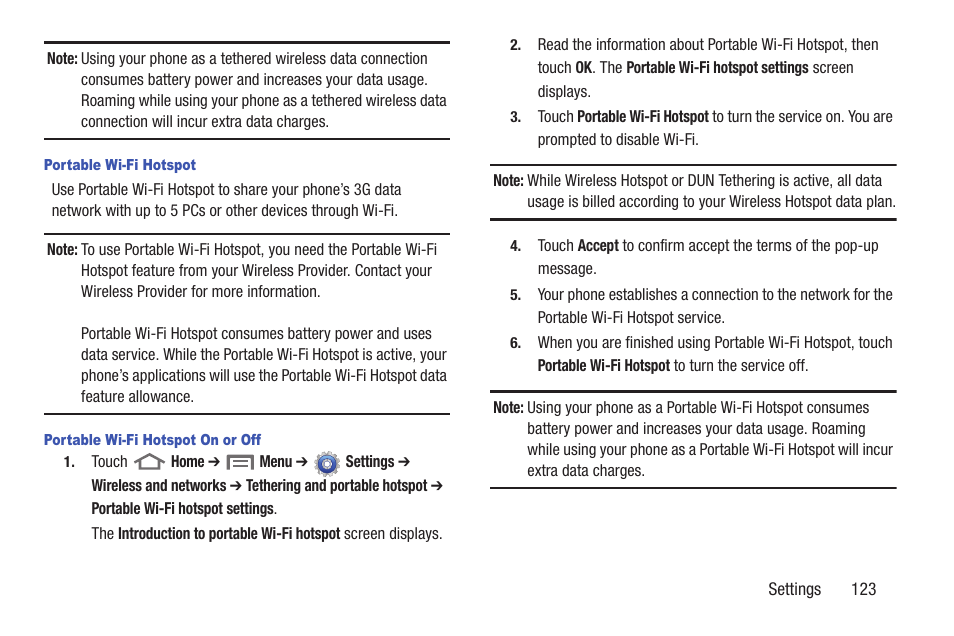 Portable wi-fi hotspot, Portable wi-fi hotspot on or off | Samsung SCH-R760IBAXAR User Manual | Page 127 / 204