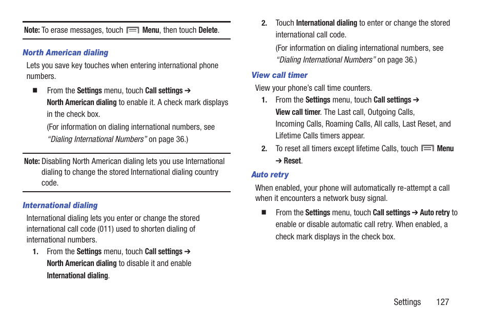 North american dialing, International dialing, View call timer | Auto retry | Samsung SCH-R760IBAXAR User Manual | Page 131 / 204