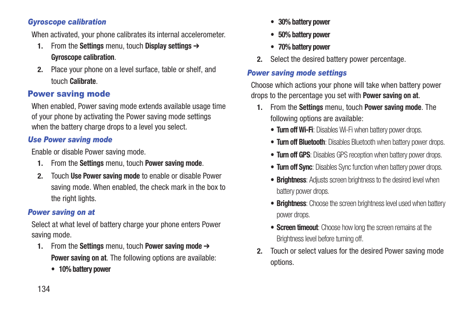 Gyroscope calibration, Power saving mode, Use power saving mode | Power saving on at, Power saving mode settings | Samsung SCH-R760IBAXAR User Manual | Page 138 / 204