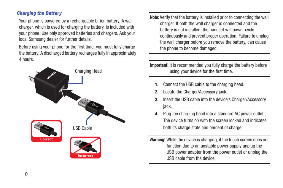 Charging the battery | Samsung SCH-R760IBAXAR User Manual | Page 14 / 204