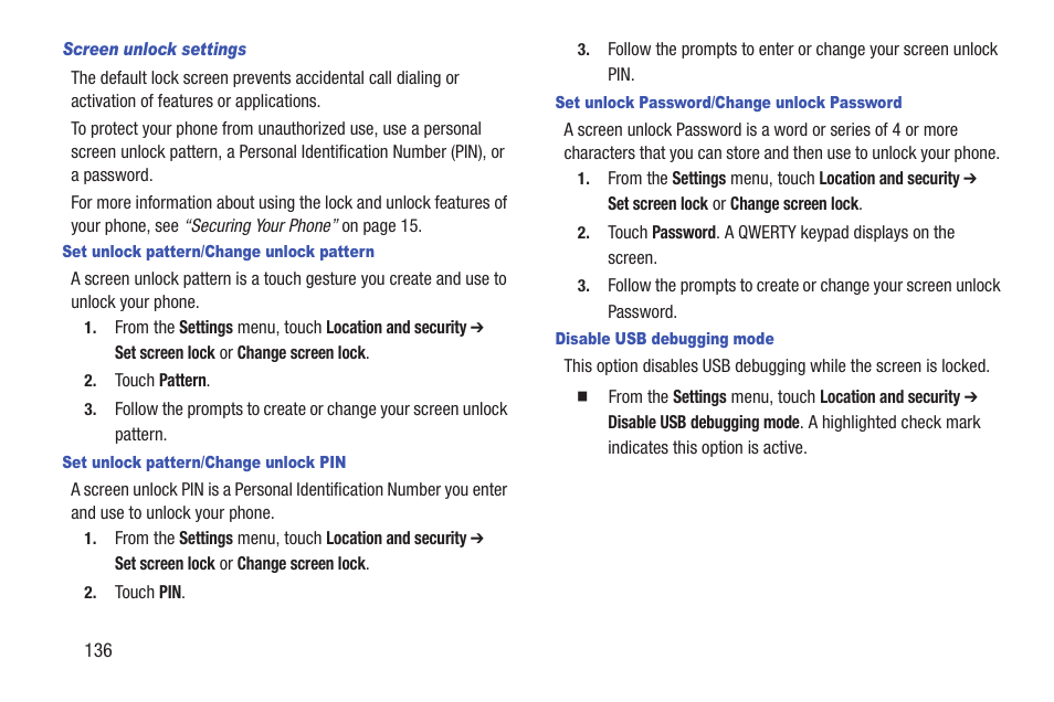 Screen unlock settings, Set unlock pattern/change unlock pattern, Set unlock pattern/change unlock pin | Set unlock password/change unlock password, Disable usb debugging mode | Samsung SCH-R760IBAXAR User Manual | Page 140 / 204