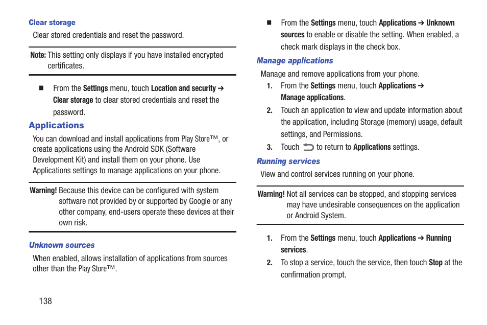 Clear storage, Applications, Unknown sources | Manage applications, Running services | Samsung SCH-R760IBAXAR User Manual | Page 142 / 204