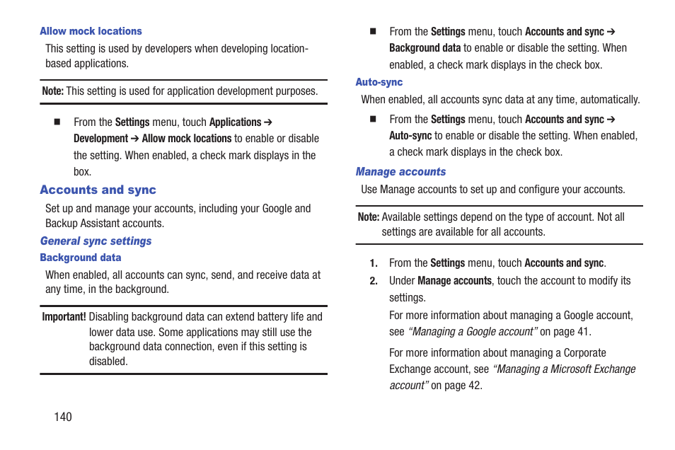 Allow mock locations, Accounts and sync, General sync settings | Background data, Auto-sync, Manage accounts | Samsung SCH-R760IBAXAR User Manual | Page 144 / 204