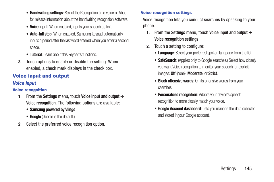 Voice input and output, Voice input, Voice recognition | Voice recognition settings | Samsung SCH-R760IBAXAR User Manual | Page 149 / 204