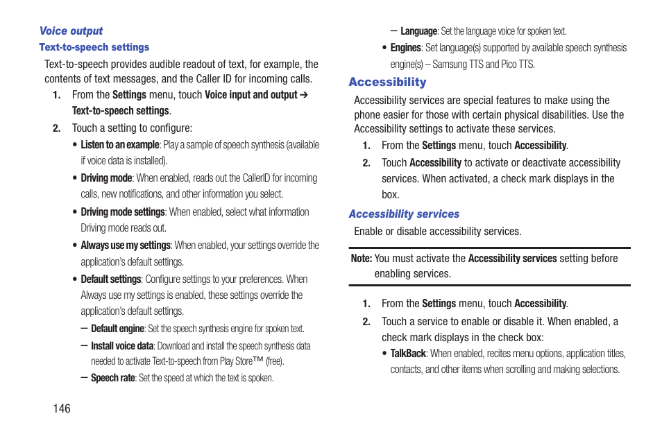 Voice output, Text-to-speech settings, Accessibility | Accessibility services | Samsung SCH-R760IBAXAR User Manual | Page 150 / 204