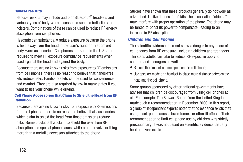 Hands-free kits, Children and cell phones | Samsung SCH-R760IBAXAR User Manual | Page 156 / 204
