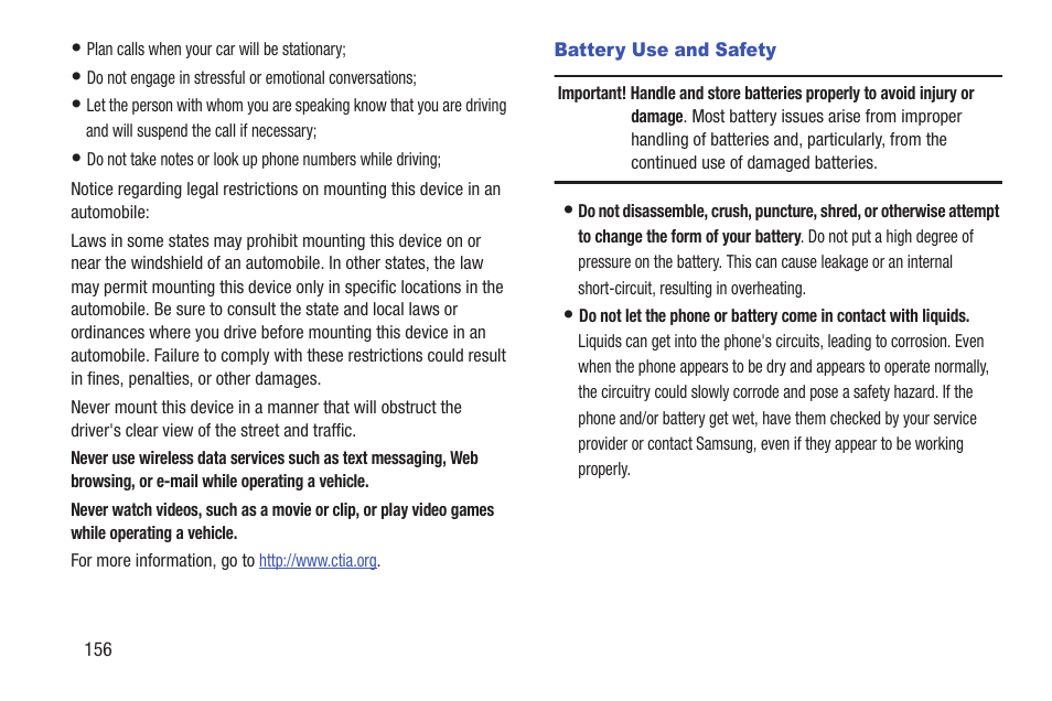 Battery use and safety | Samsung SCH-R760IBAXAR User Manual | Page 160 / 204