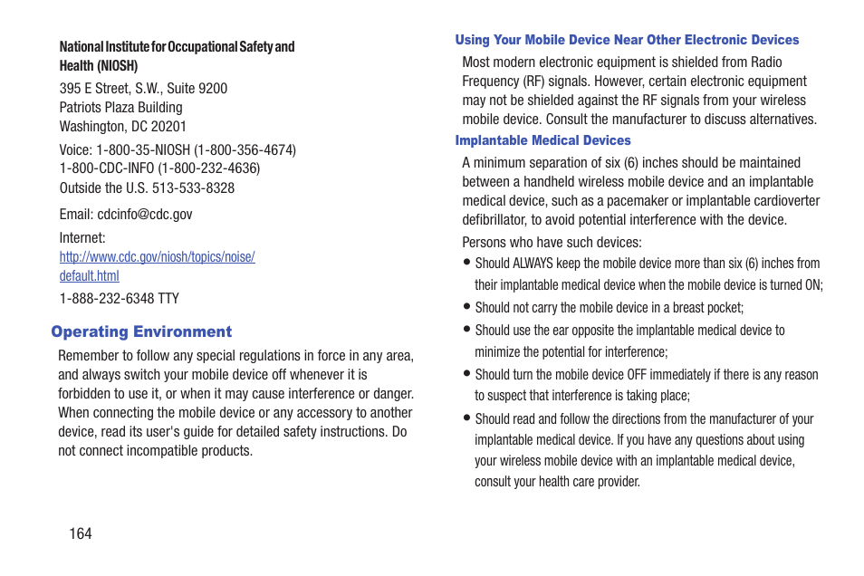 Operating environment, Implantable medical devices | Samsung SCH-R760IBAXAR User Manual | Page 168 / 204