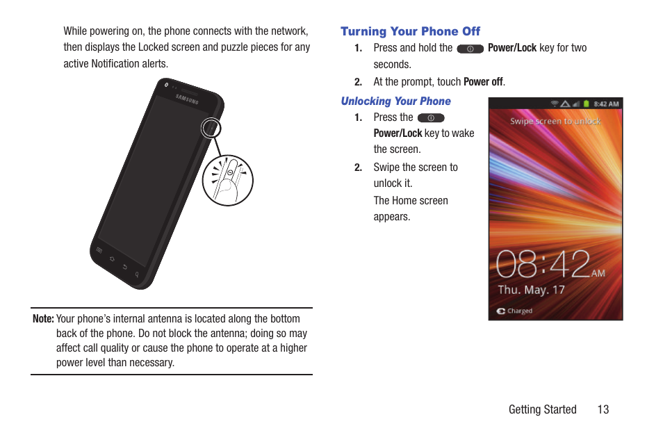 Turning your phone off, Unlocking your phone | Samsung SCH-R760IBAXAR User Manual | Page 17 / 204