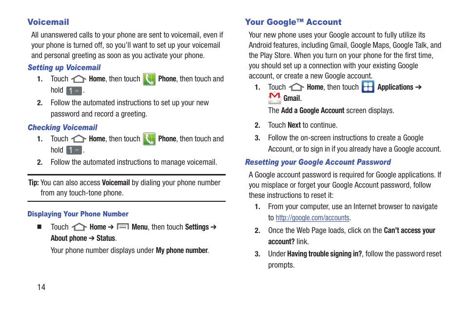 Voicemail, Setting up voicemail, Checking voicemail | Displaying your phone number, Your google™ account, Resetting your google account password, Voicemail your google™ account | Samsung SCH-R760IBAXAR User Manual | Page 18 / 204